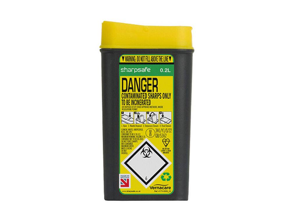 Contenitore per oggetti taglienti Sharpsafe giallo con apertura a petalo da 0,2 litri