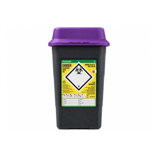 Contenitore per oggetti taglienti Sharpsafe riciclato da 7L, ampio, con coperchio viola