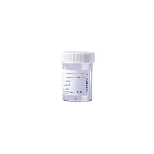 Bottiglia per urine Sterilin da 60 ml con etichetta