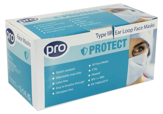 Maschera facciale PRO Tipo IIR con anello auricolare resistente ai fluidi, confezione da 50