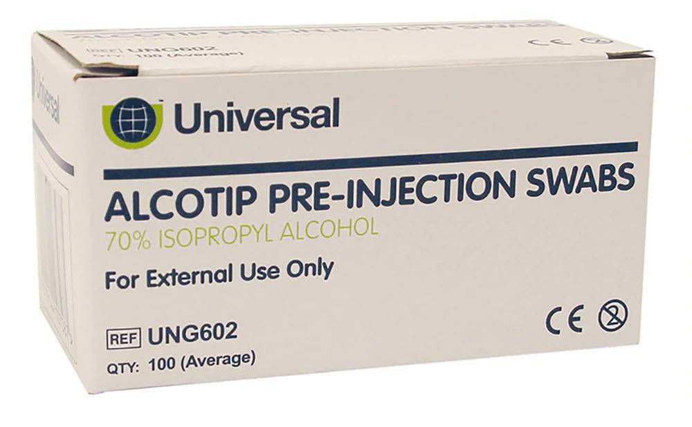 Tamponi pre-iniezione universali Alcotip Salviette imbevute di alcol al 70%.