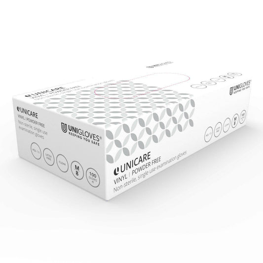 Guanti da esame in vinile trasparente Unicare (EN455) 100 guanti per scatola