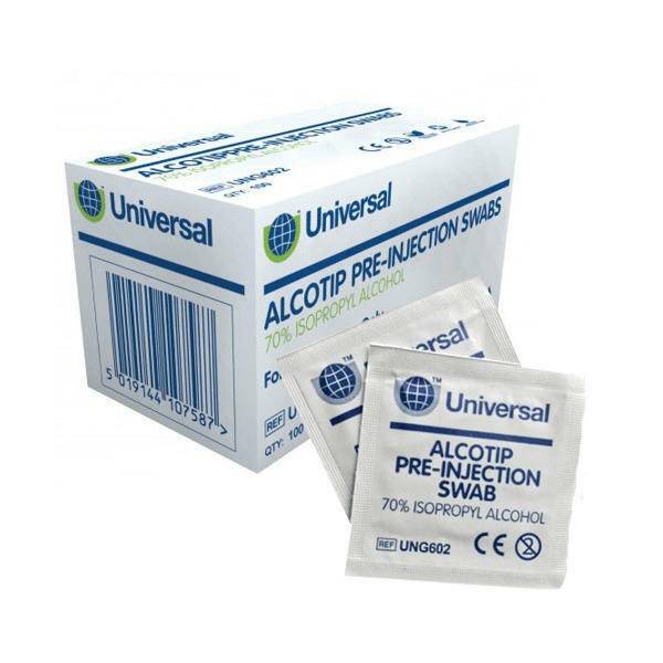 Tamponi pre-iniezione universali Alcotip Salviette imbevute di alcol al 70%.