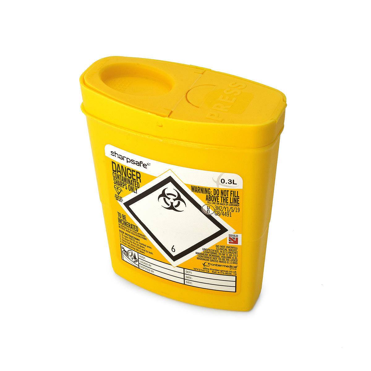 Pattumiera per oggetti taglienti Sharpsafe Frontier da 0,3 litri, colore giallo