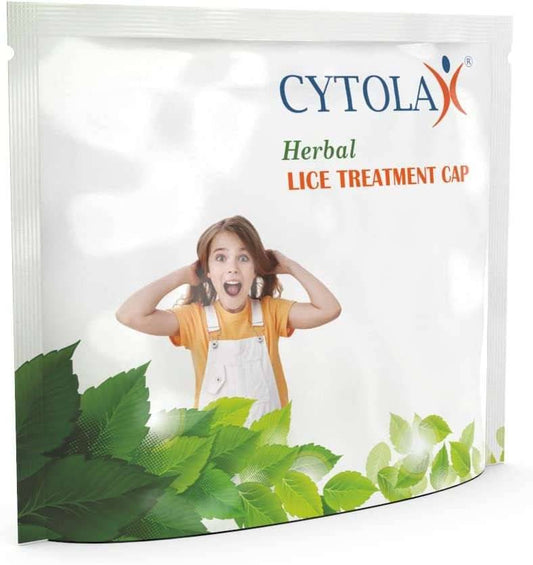Packaging of Cytolax Herbal Lice Treatment Cap with a young girl holding her hair and leaves illustration
