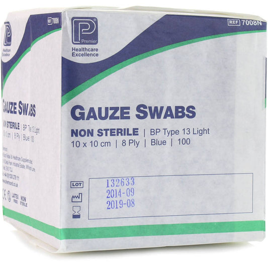 10 x 10cm 8 Ply Premier Blue Cotton Gauze Swabs Pack of 100