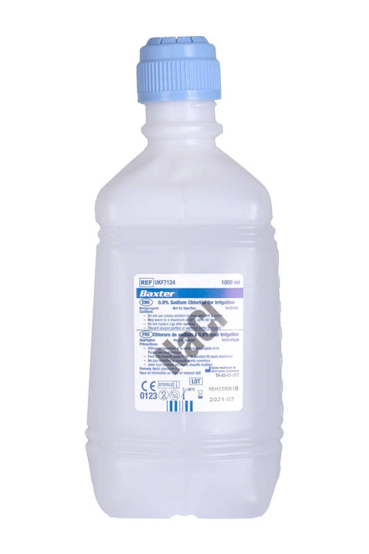 1 litro di NaCl 0,9% di cloruro di sodio per l'irrigazione Baxter NaCl 0,9% di cloruro di sodio (salino) per l'irrigazione. Un litro (1000 ml).